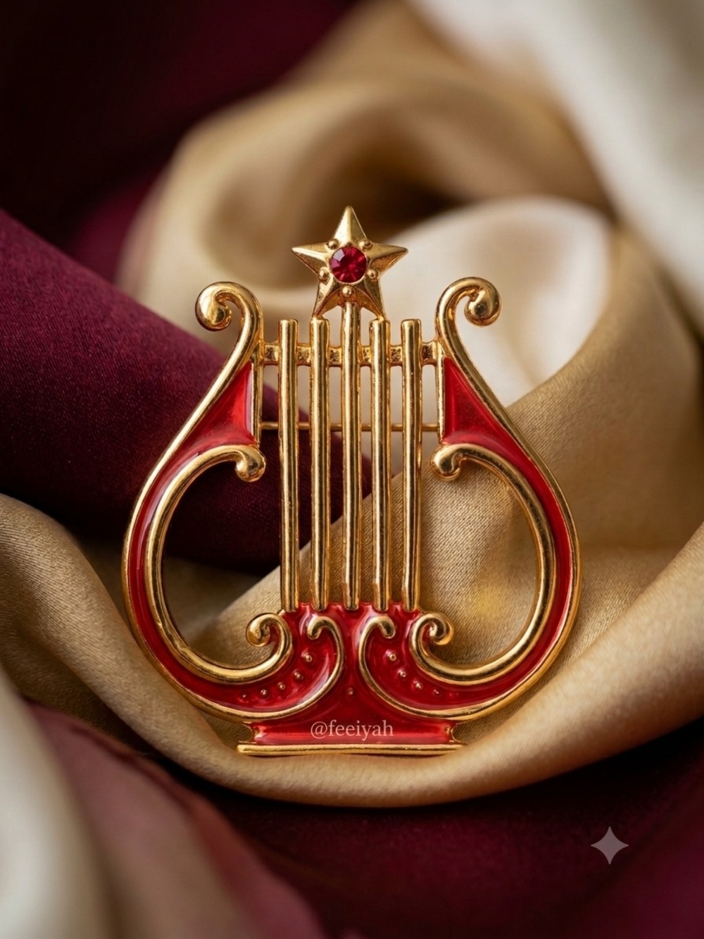 Vintage MMA Metropolitan Museum of Art Gold & Red Enamel Lyre Harp Brooch Pin